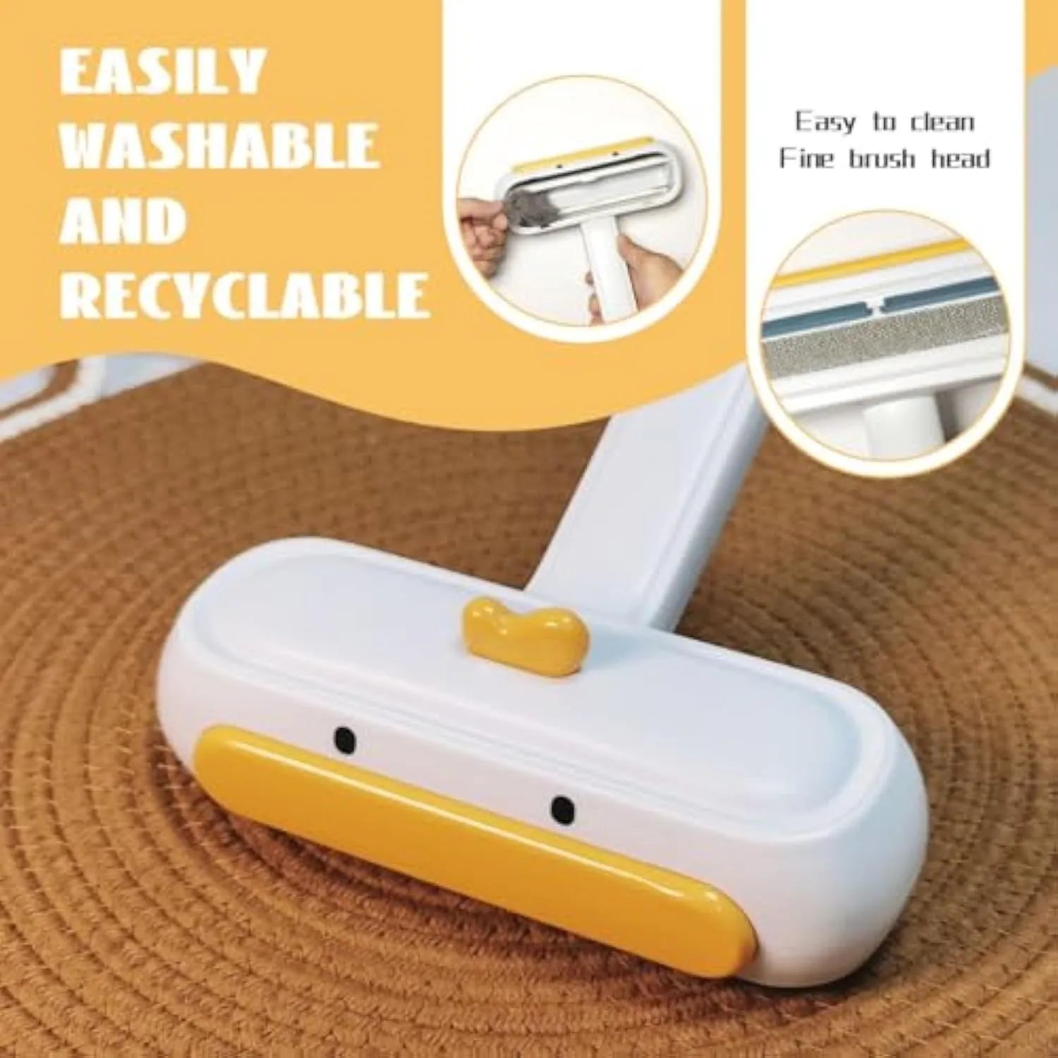White portable pet hair remover tool with cartoon yellow duck design and polyester bristle surface