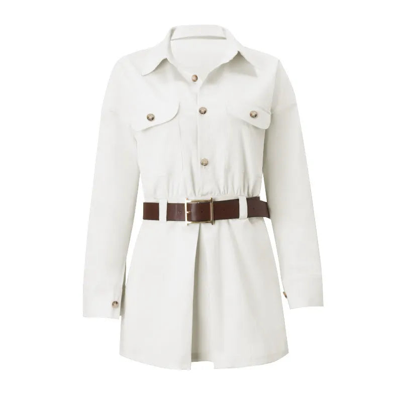 Grey long sleeve button front shirt dress with low waist and fake pocket details on a model