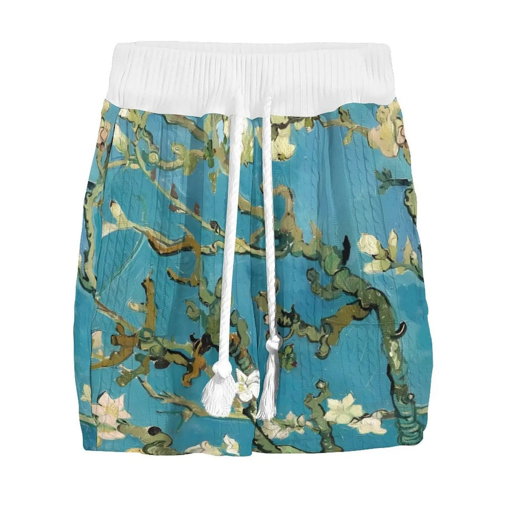 Peacock blue men's 3D printed knitted casual suit with T-shirt top and matching shorts.