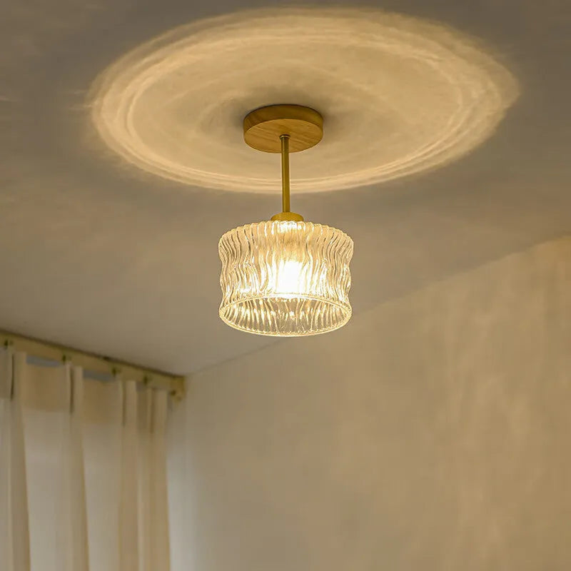 Japanese style log walnut colour brass ceiling lamp for entrance hallway with tricolour light function