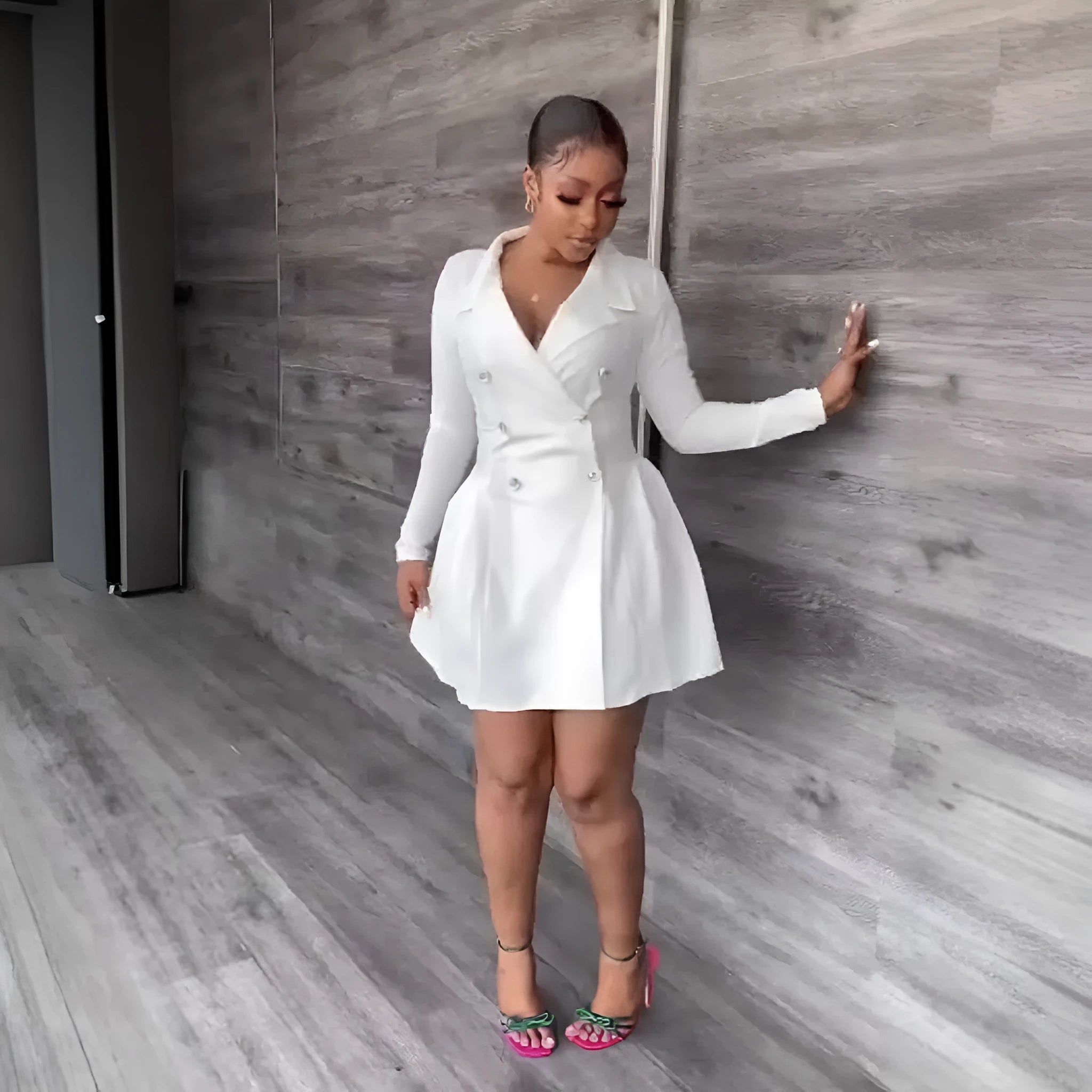 White lapel long sleeve pencil suit dress with button front and mid waist, polyester fibre, shown front view