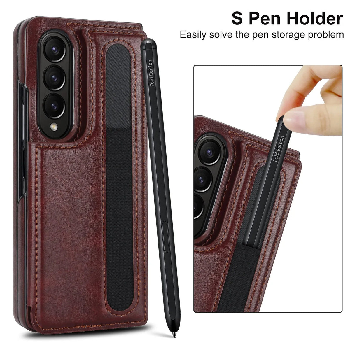 Folding PU leather phone case for Samsung Galaxy Z Fold in black with bracket support