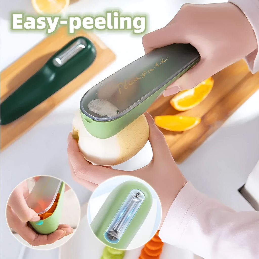 Dark green kitchen peeler with storage tube, showing stainless steel blade and non-slip handle.