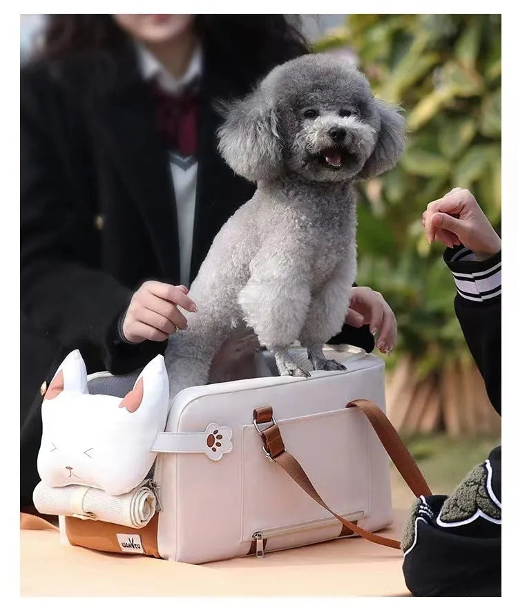 Beige hard-shell portable cat carrier with EPE padding for car and outdoor travel