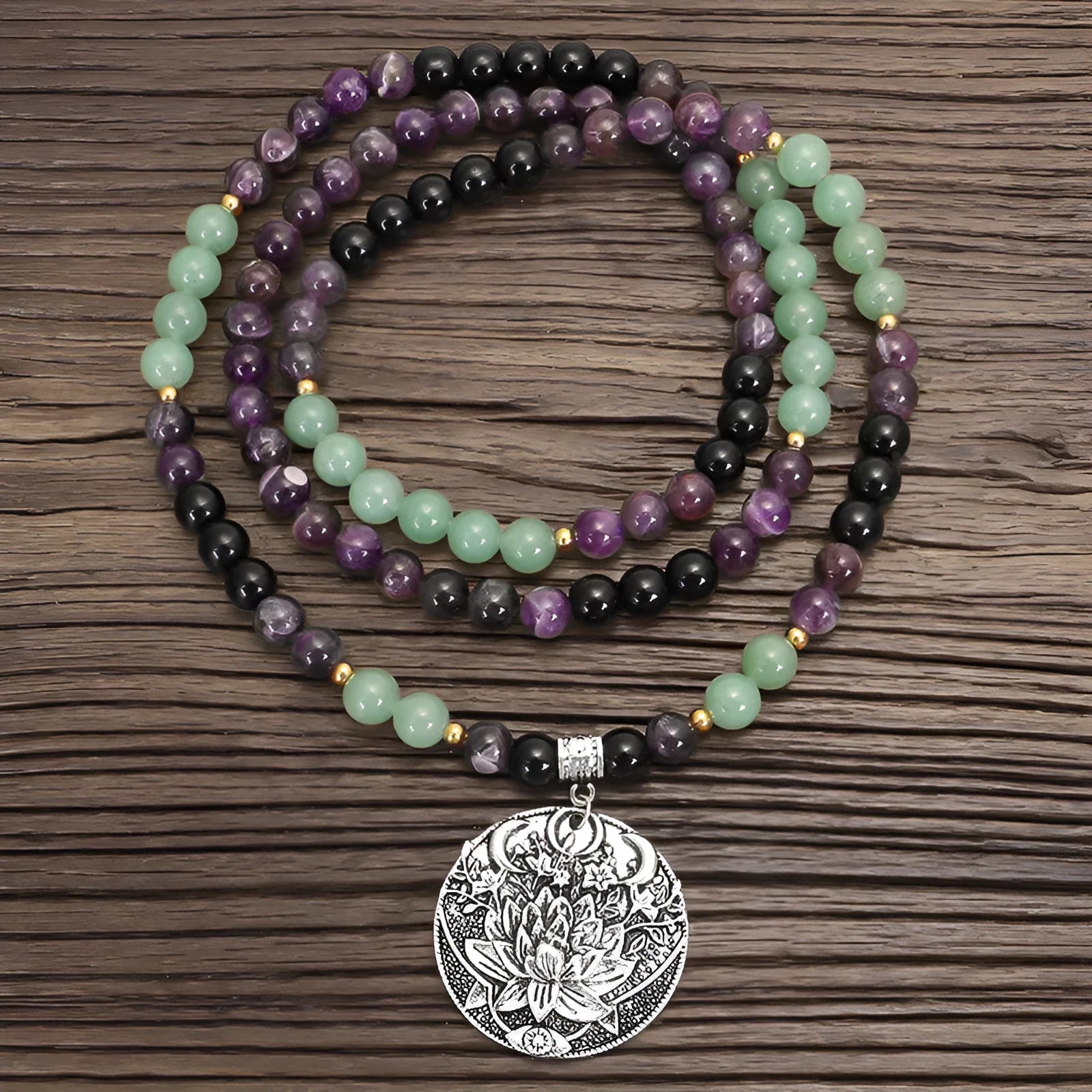 Yoga lotus pendant necklace and matching bracelet set with handmade stone beads