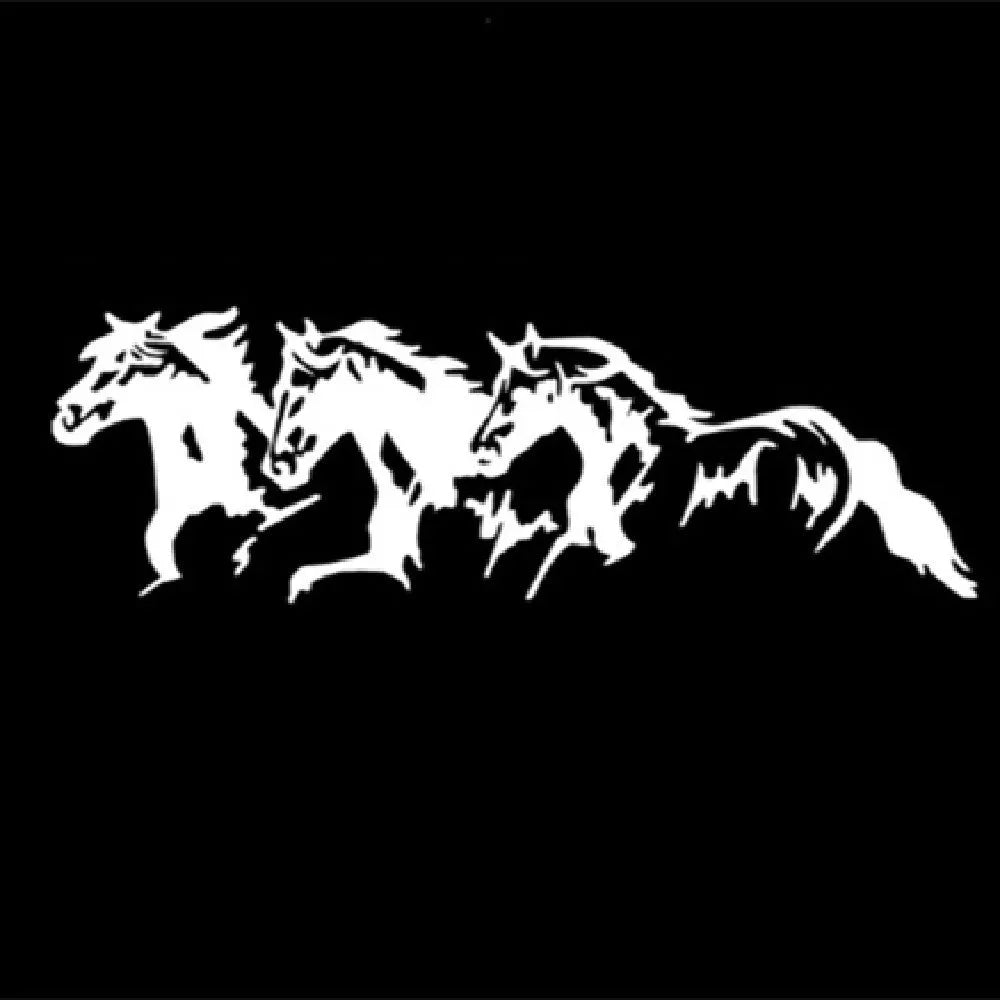 Three Horses design car decal sticker in black, white, red, and blue colour options, measuring 25 by 8 centimetres.