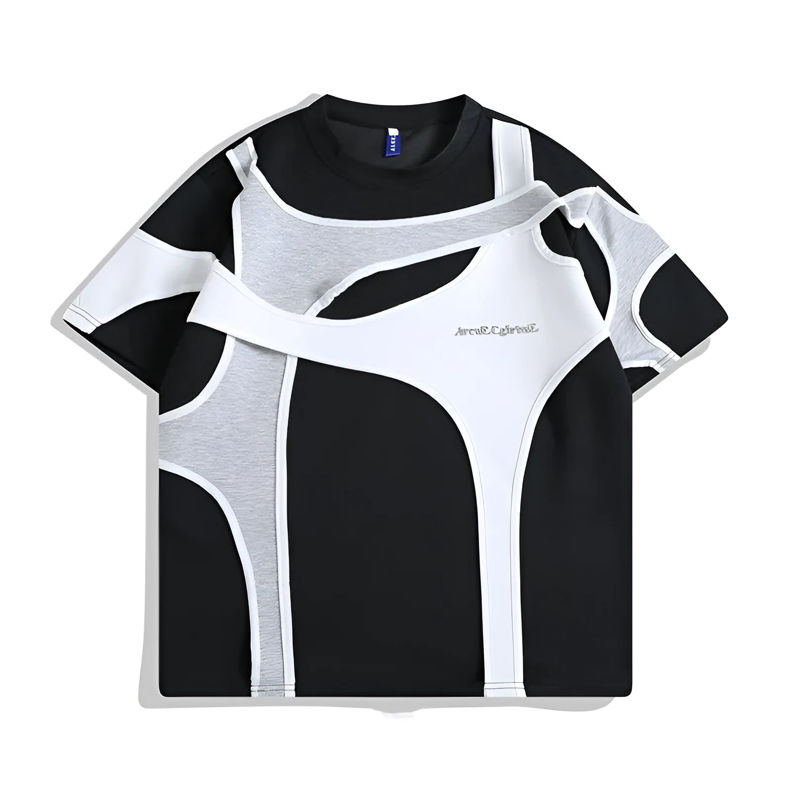 Black loose-fit short sleeve T-shirt showing double stitching detail on padded shoulder strap