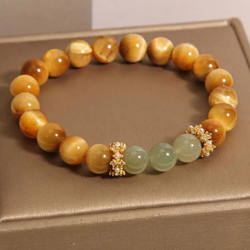 Natural Yellow Tiger's Eye and Hetian Jade bracelet with gold gourd pattern, U-shaped design