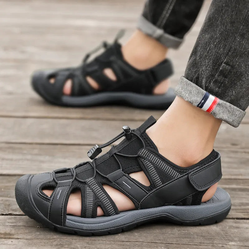 Men's blue summer casual sports shoes with Velcro strap and mesh upper on a rubber sole.