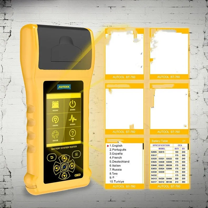 Autool BT760 vehicle battery tester with colour screen, thermal printer, and test clips on a workshop bench.