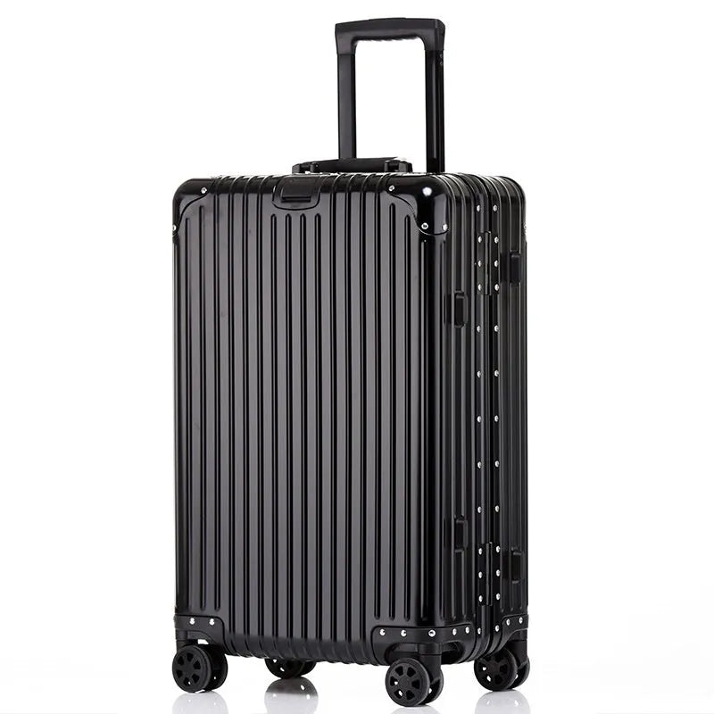 Alloy trolley case luggage in solid colour for business travel with metal construction and universal wheels