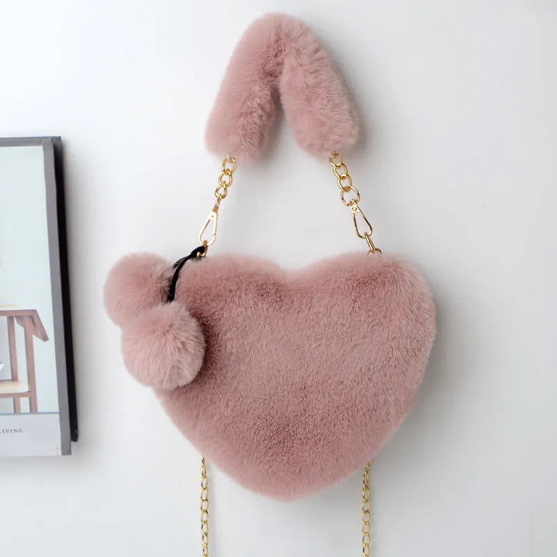 Love Bags soft plush heart-shaped handbag for women with detachable shoulder strap