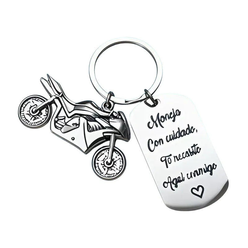 Stainless steel motorcycle key ring with modern design and protective flannel bag