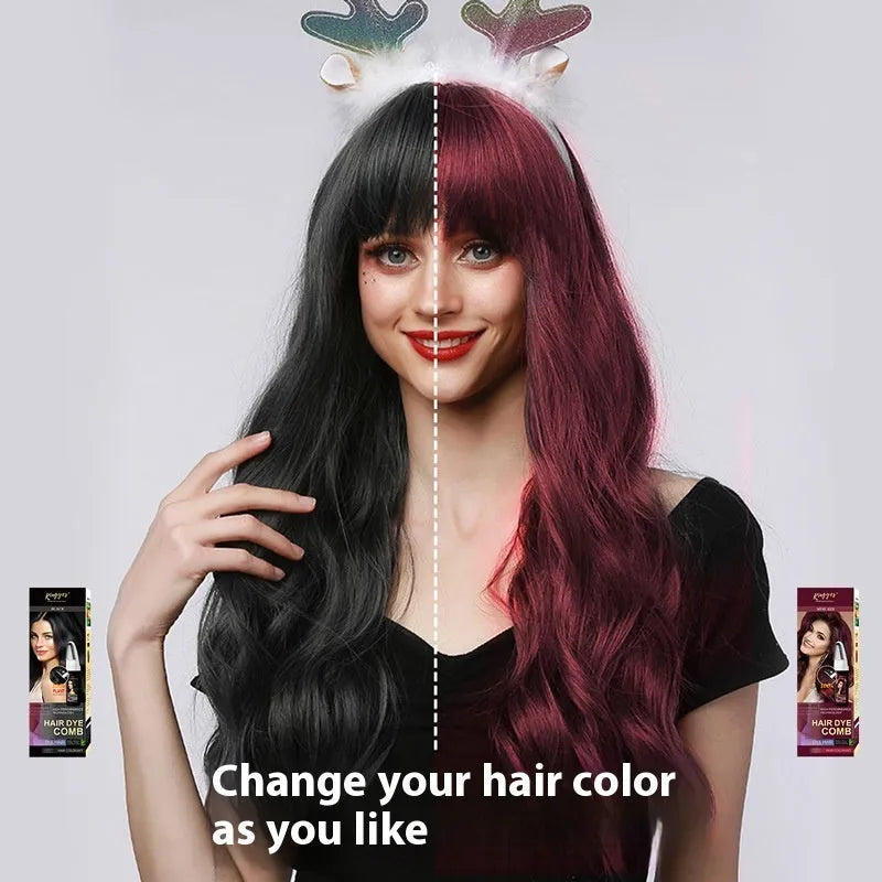 Hair dye kit showing Brown, Wine Red and Dark Brown 200ml bottles with comb applicator