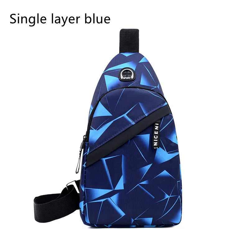 Blue Oxford cloth sling bag with a crossbody strap, earphone hole, and zipper pocket.