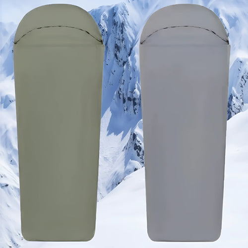 Adult blue nylon camping sleeping bag with mummy structure showing dimensions