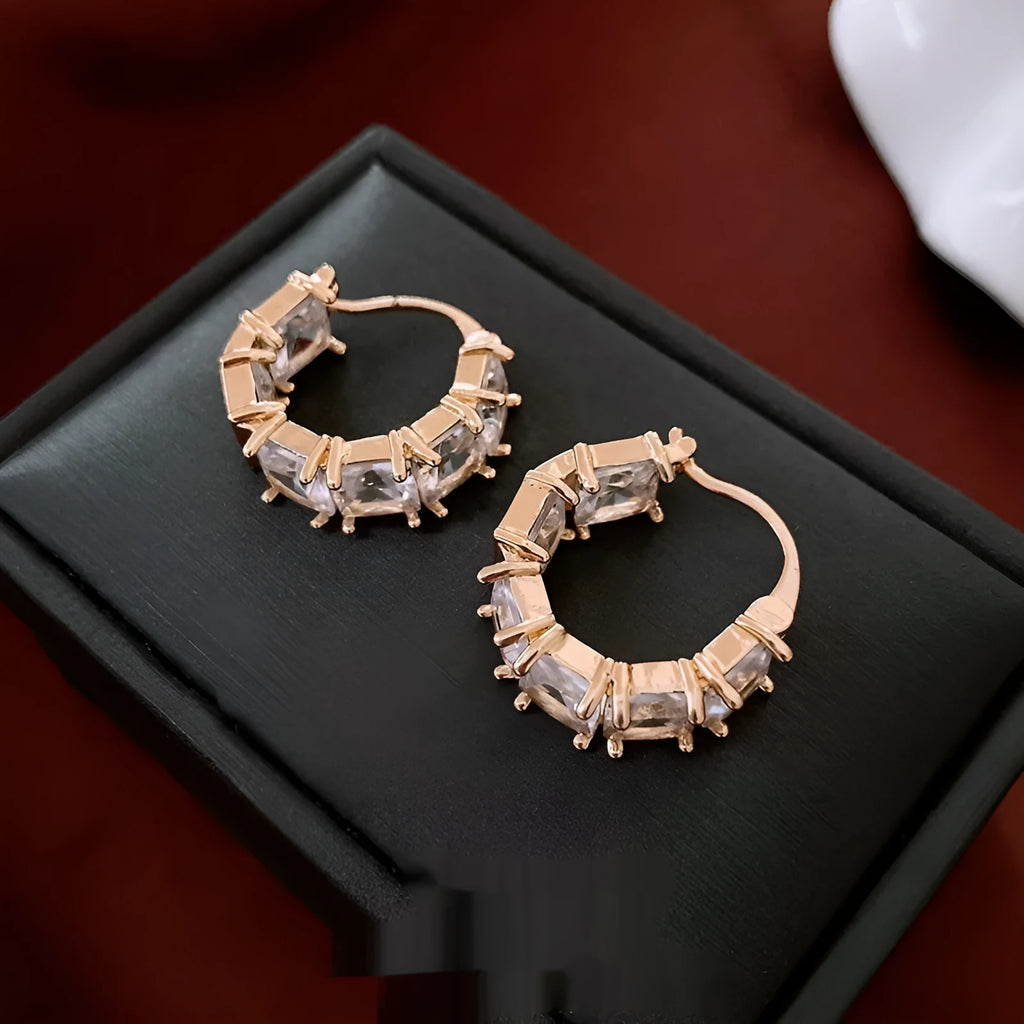 Gold-tone U-shaped ear clips with inlaid zircon and geometric quadrilateral design for women