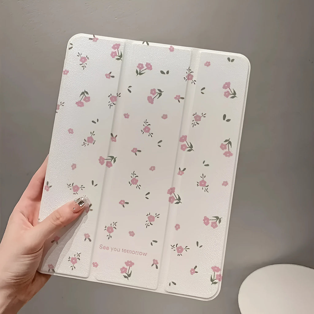 Transparent floral tri-fold iPad case with magnetic kickstand open in viewing position