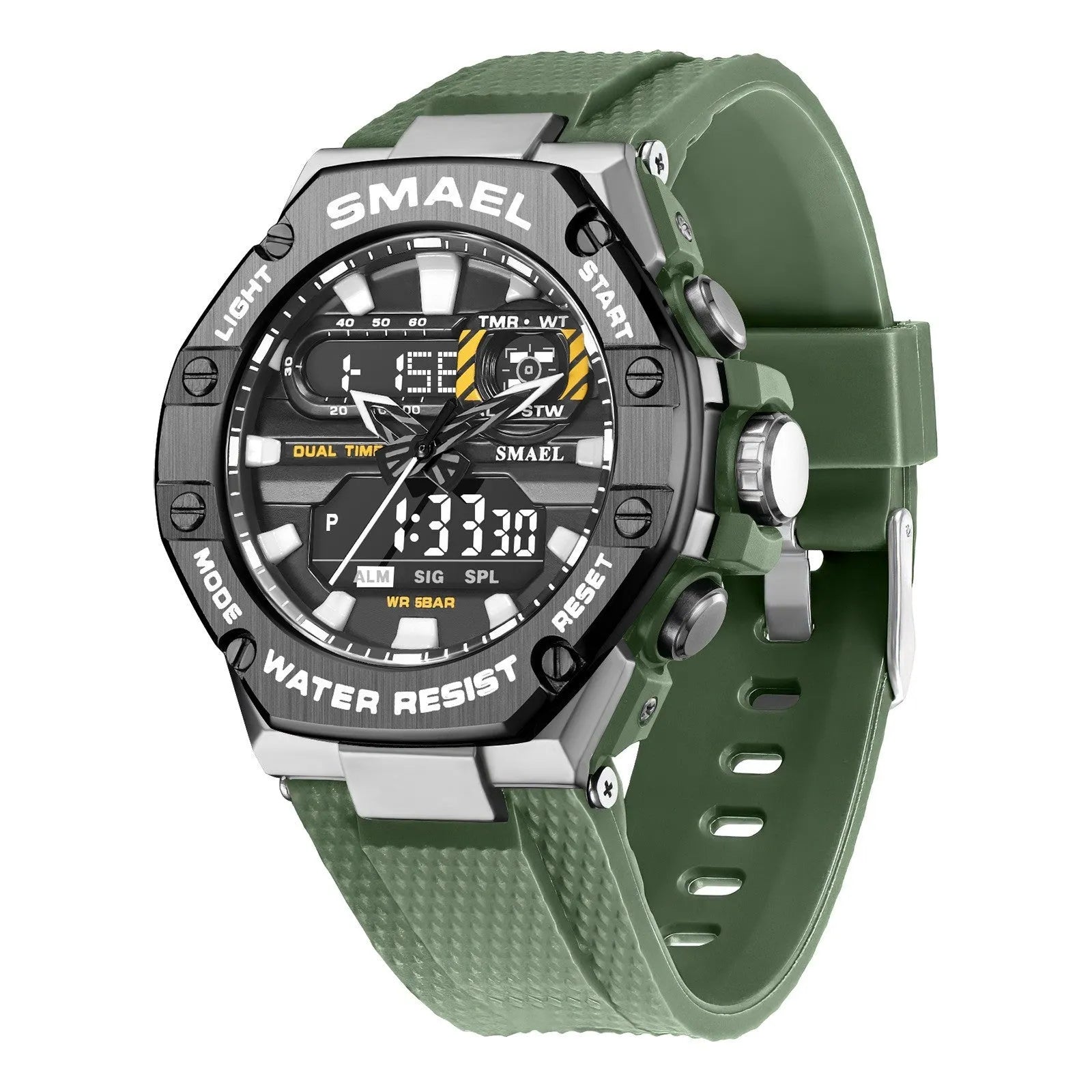 Digital alloy electronic watch for men with 47mm dial, dual movement, and 50m water resistance in Steel Blue