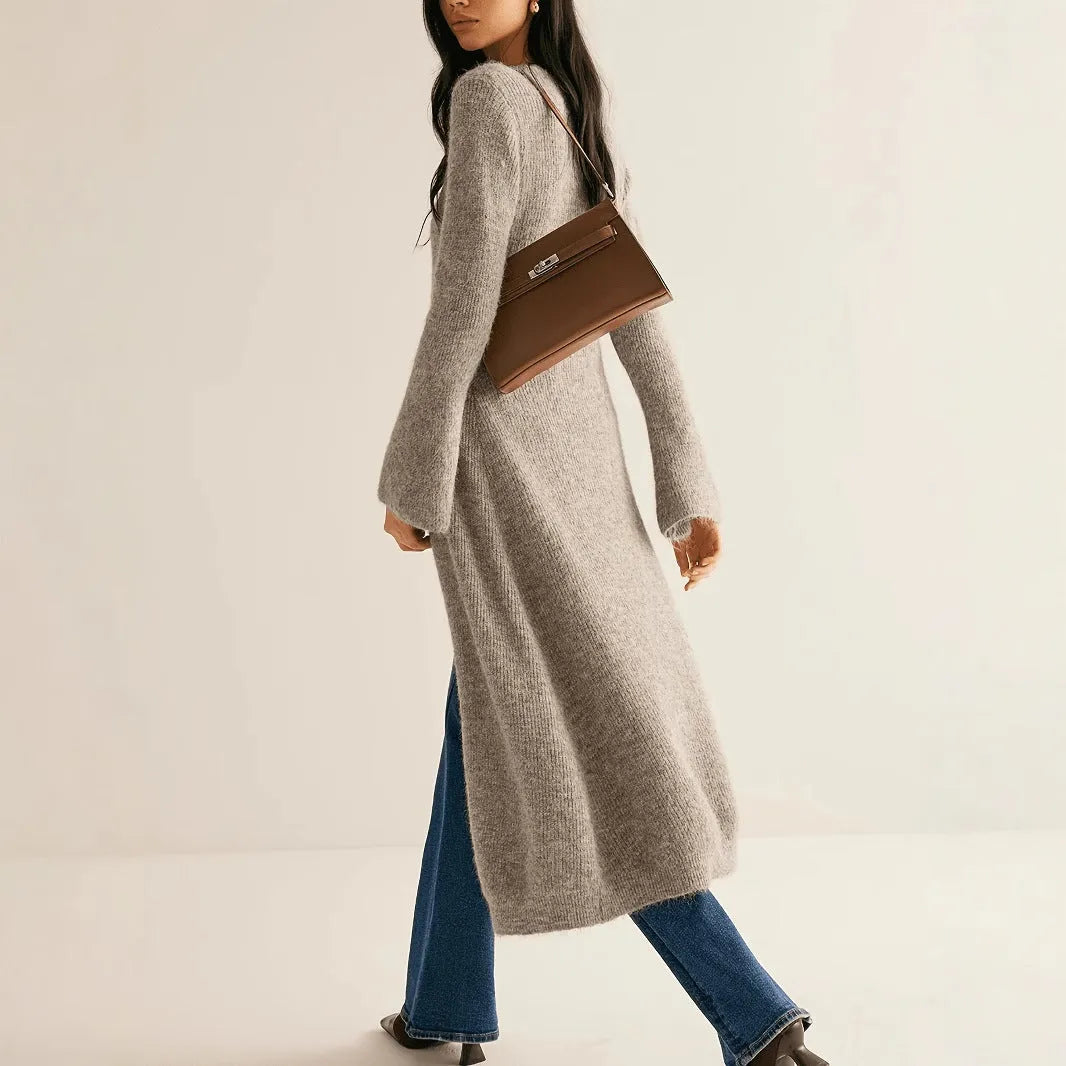 Khaki coloured long sleeve womens cardigan coat with button front in a French retro style.