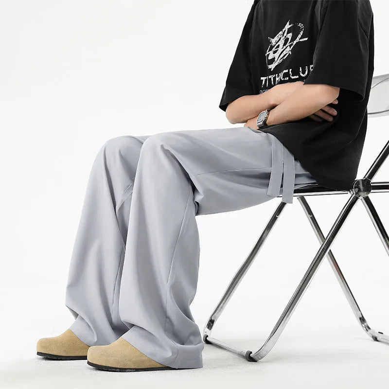 Men's quick-drying loose straight wide-leg casual trousers in solid colour, polyester blend, drawstring mid waist
