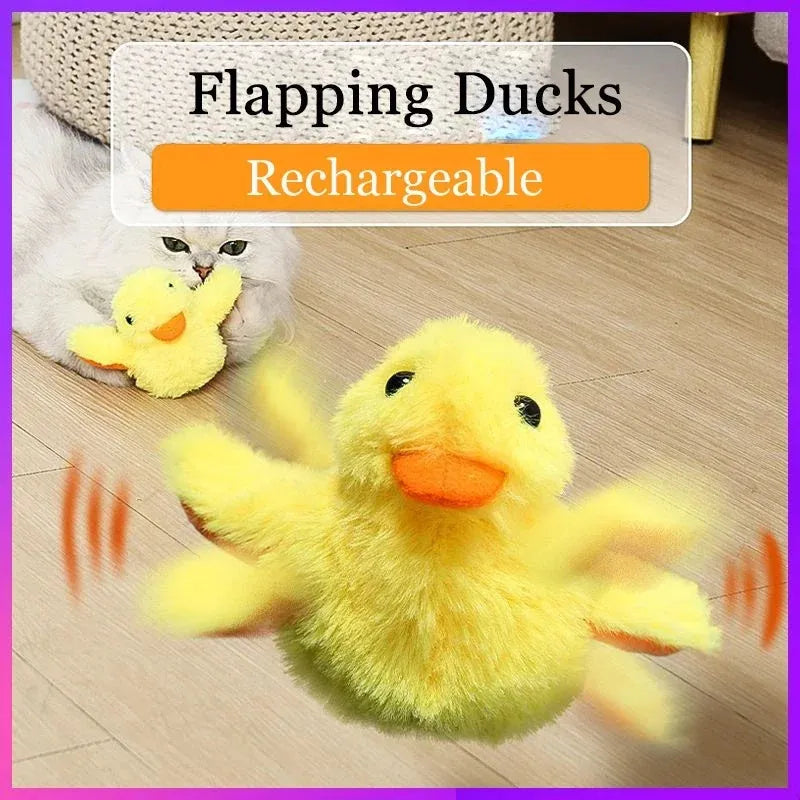 Yellow flapping duck interactive cat toy with motion sensor on a plain background.