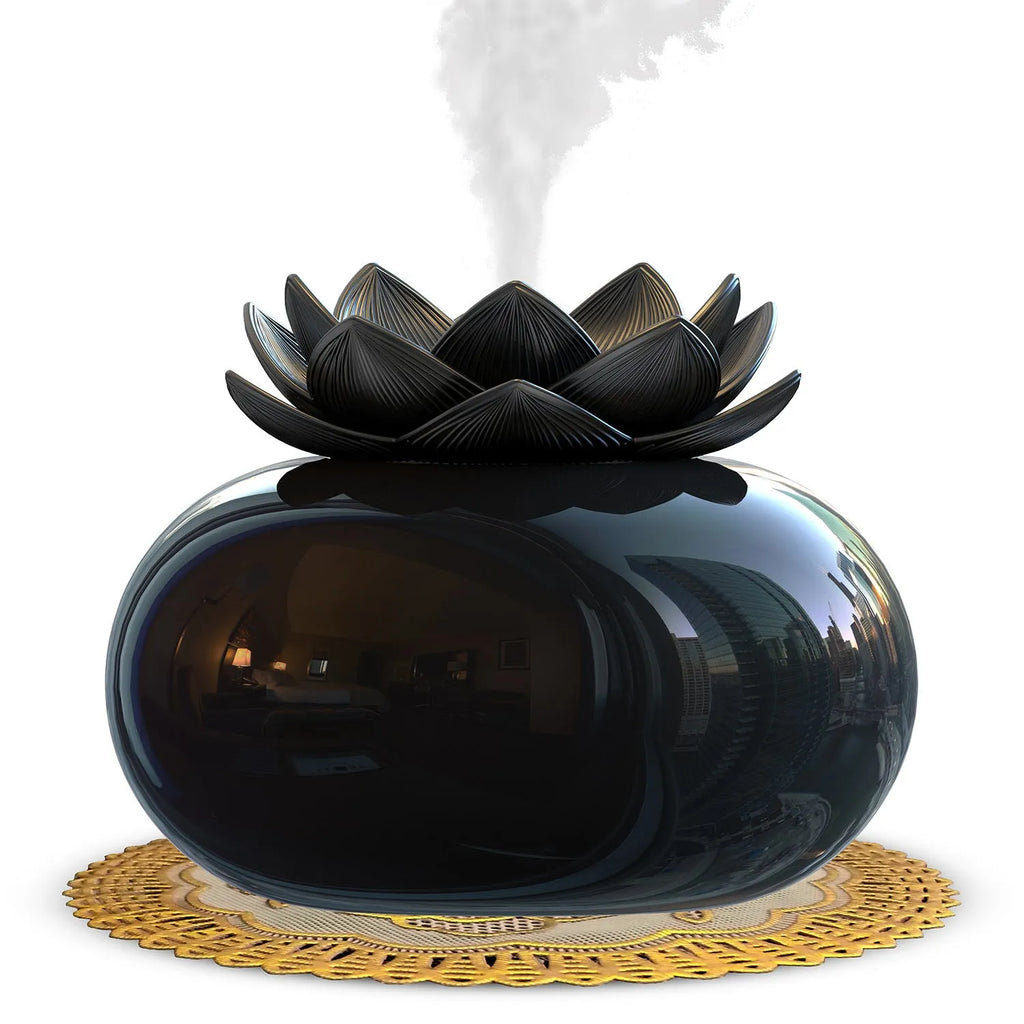 Pure black round USB aromatherapy humidifier with ultrasonic mist outlet.