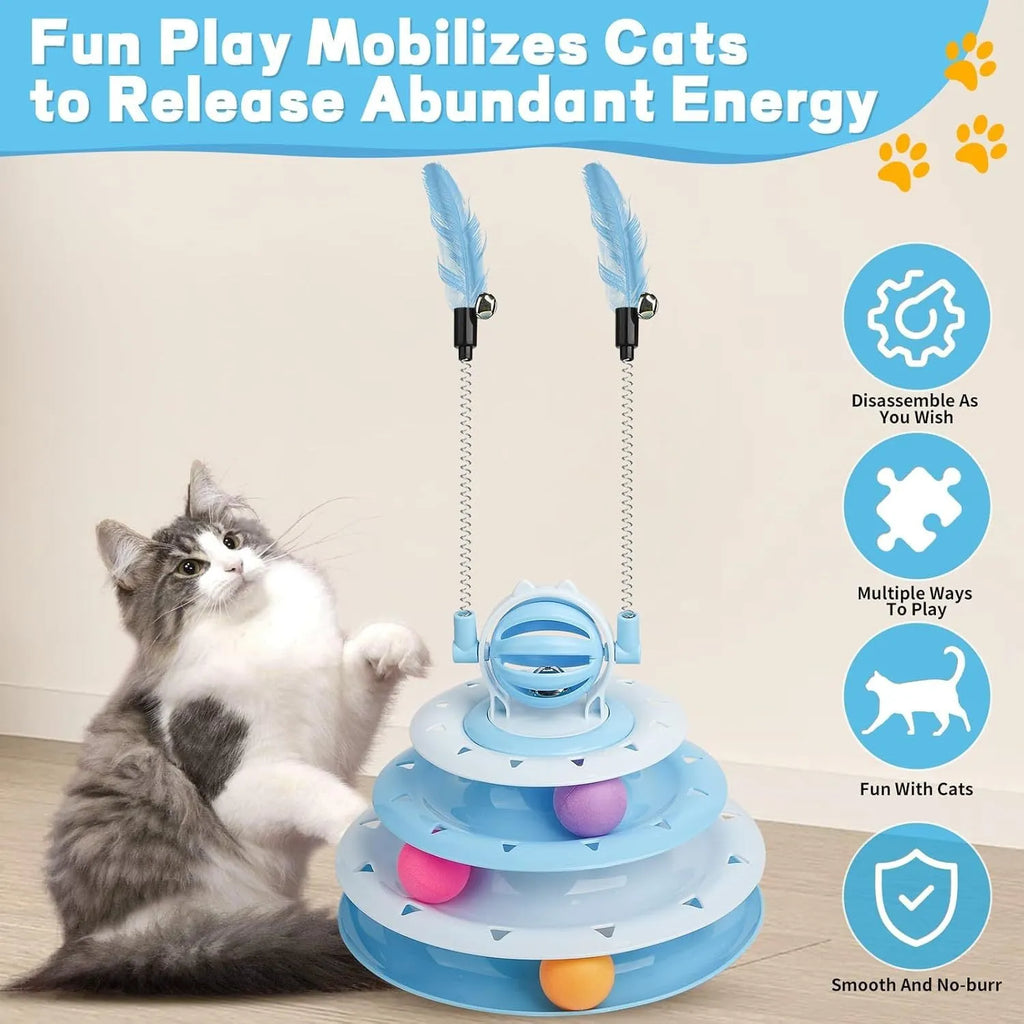 Blue 4-tier cat puzzle toy with 6 sliding balls and teasing rods on circular track