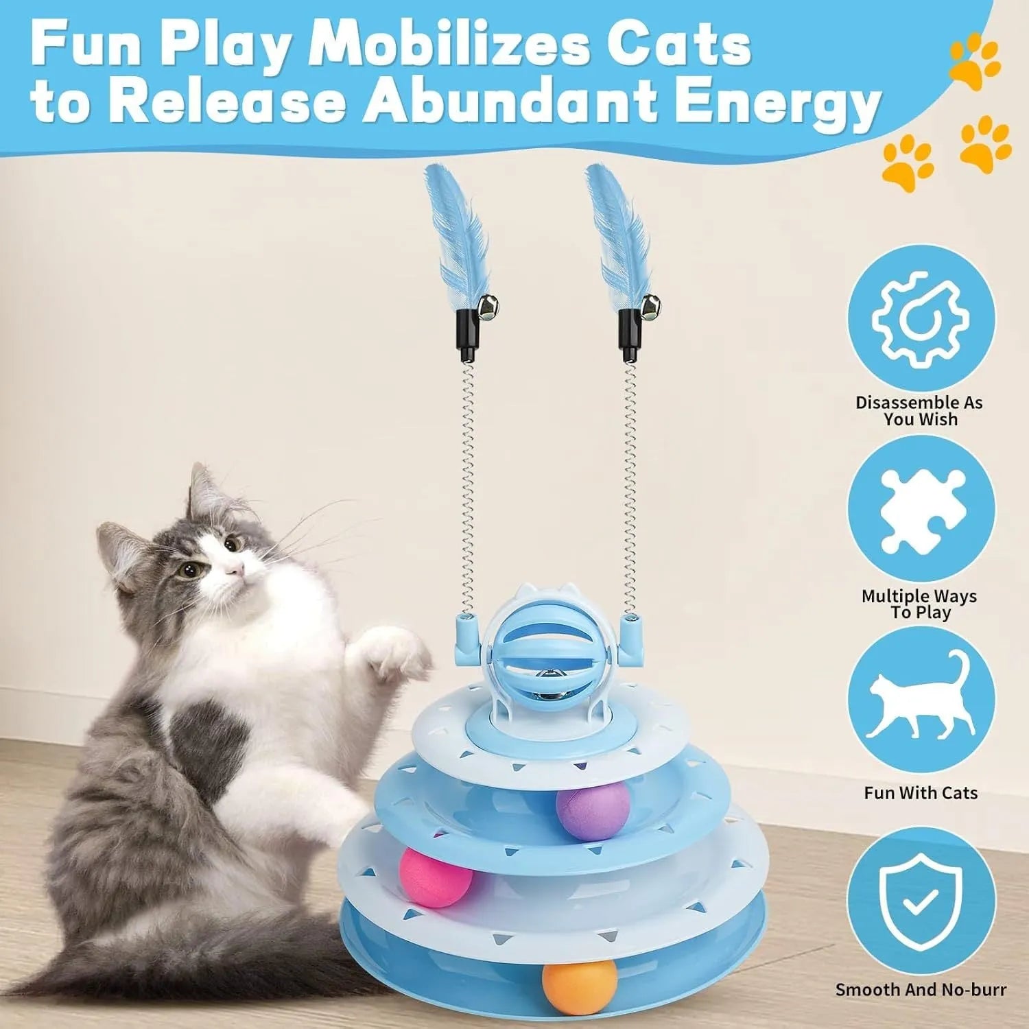 Blue 4-tier cat puzzle toy with 6 sliding balls and teasing rods on circular track