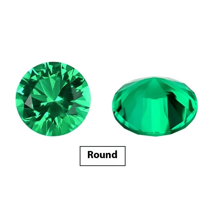 Cultivated emerald gemstone in Columbia green treasure colour showing round and grandmother cut sizes