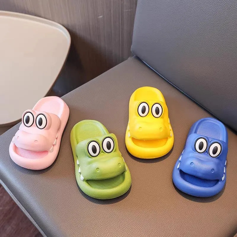 EVA platform sandals for parent and child in animal pattern design, available in pink, green, yellow, and blue colours.
