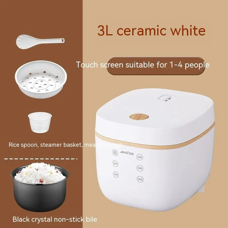 White intelligent multi-function rice cooker with 3L black crystal inner pot and steamer basket