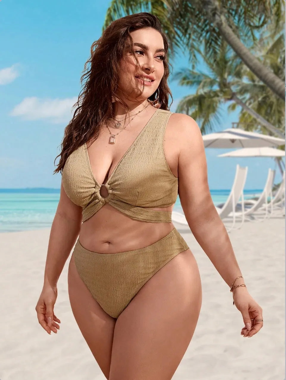 Women's loose brown polyester swimsuit suit, sleeveless briefs style, sizes 0XL-4XL