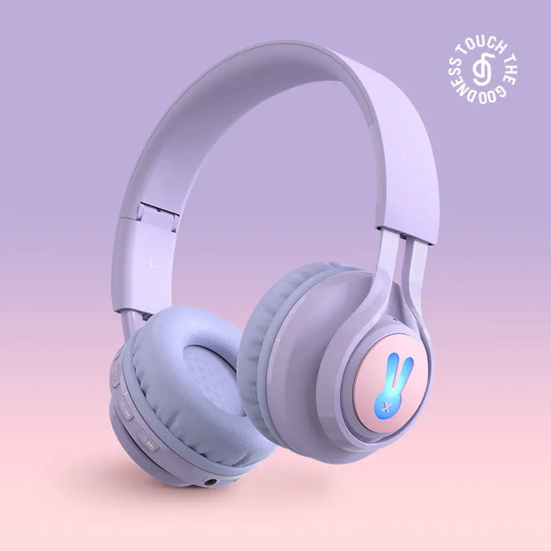 Children's wireless headphones with RGB lights and bunny design in pink and purple colours
