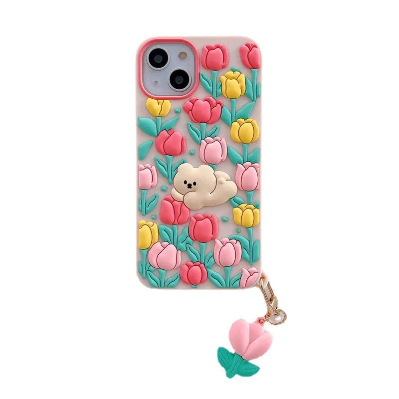 Creative cartoon bear tulip flowers pink silicone phone case with pendant for Apple iPhone