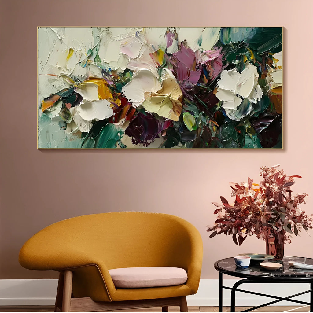 Hand-painted flower oil painting on canvas with knife-thick texture, rolled and frameless, horizontal modern wall art