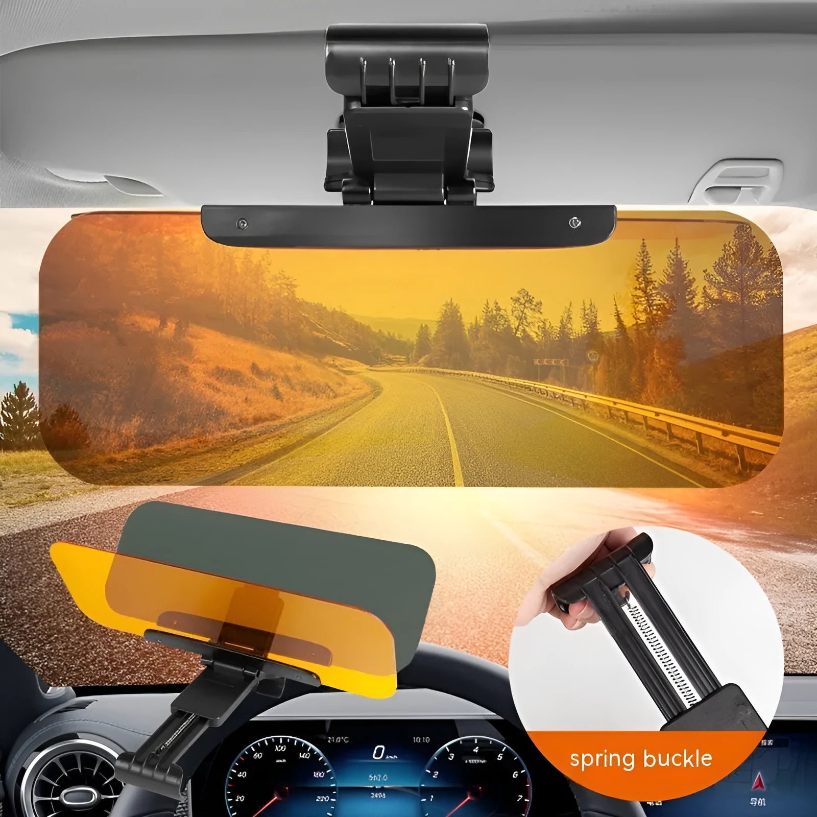 Car sun visor with anti-high beam goggles showing telescopic extension mechanism