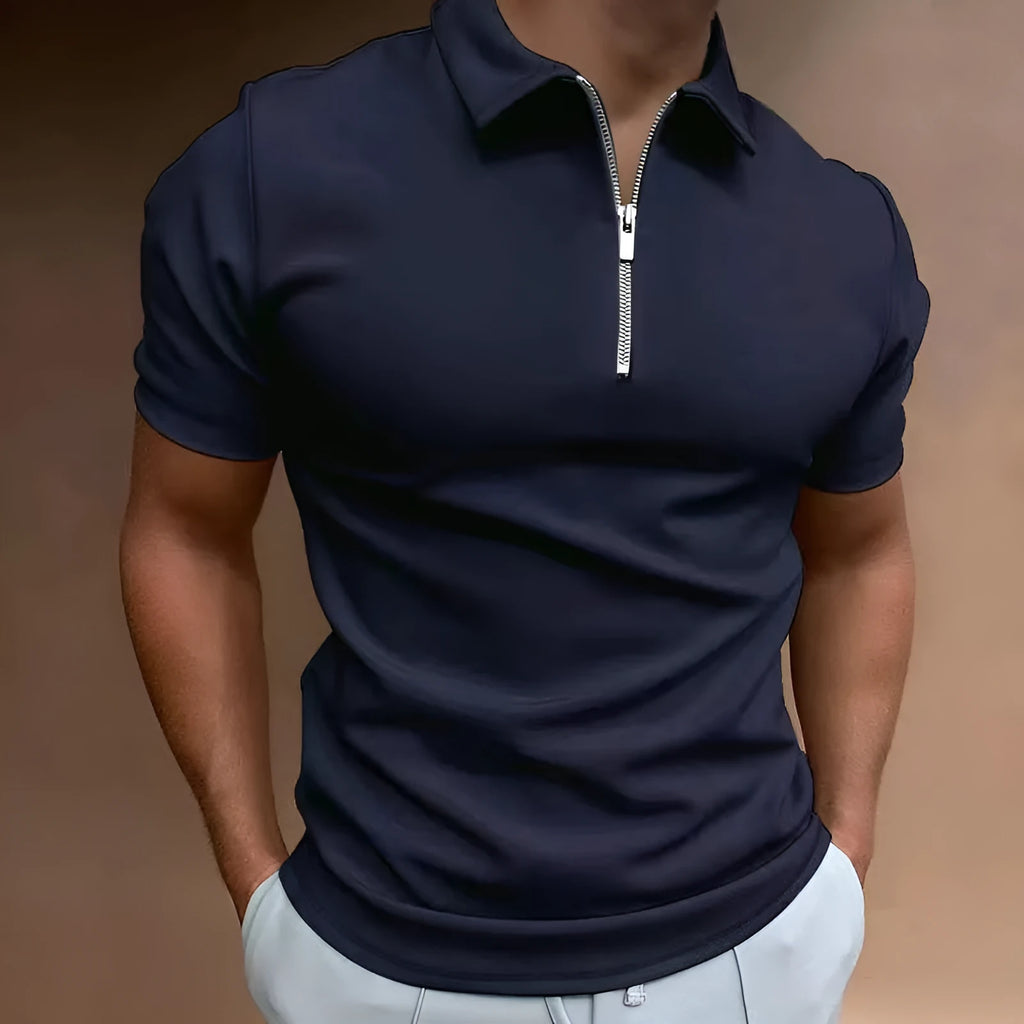 Men's casual short sleeve polo shirt with a digital print pattern, shown in a loose fit.