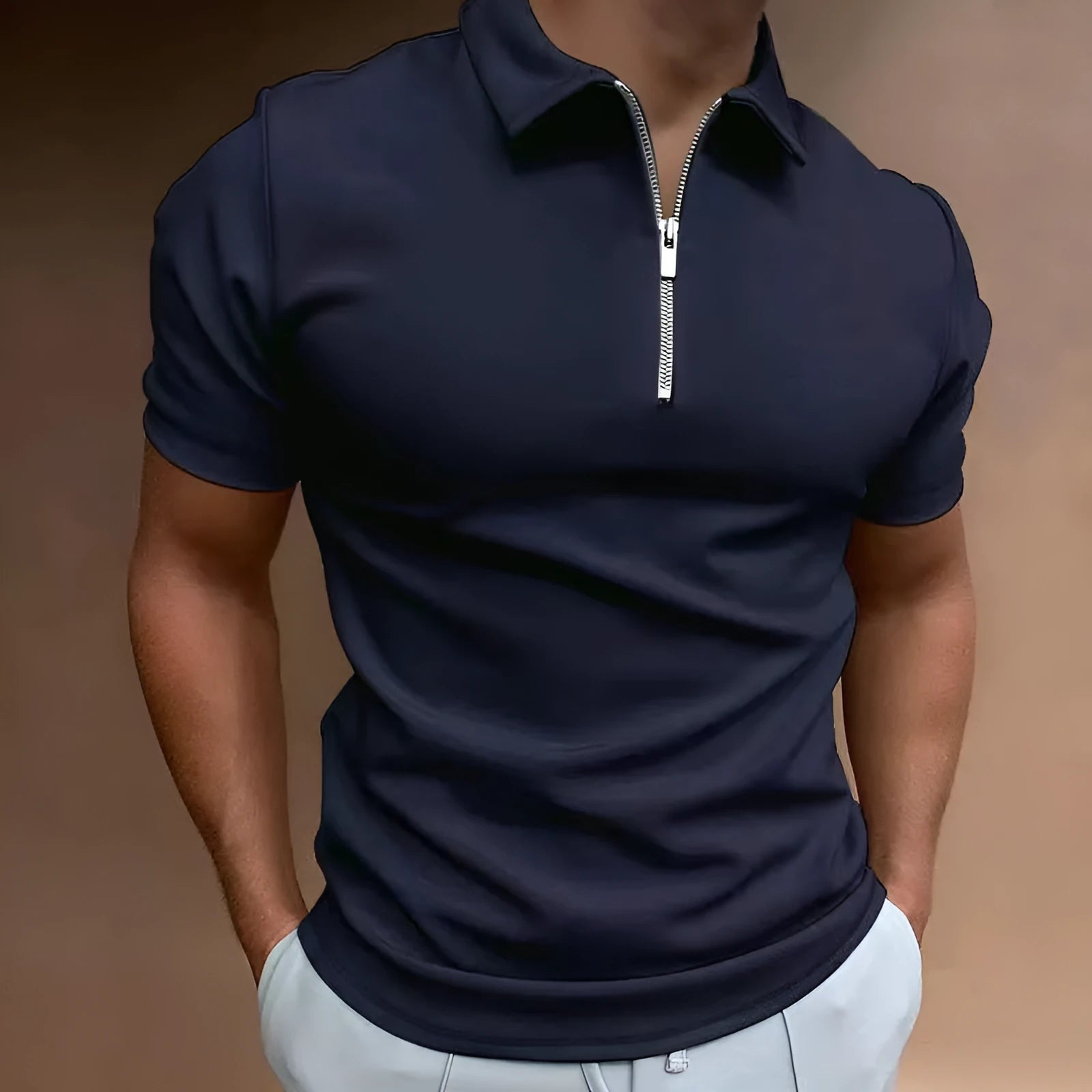 Men's casual short sleeve polo shirt with a digital print pattern, shown in a loose fit.