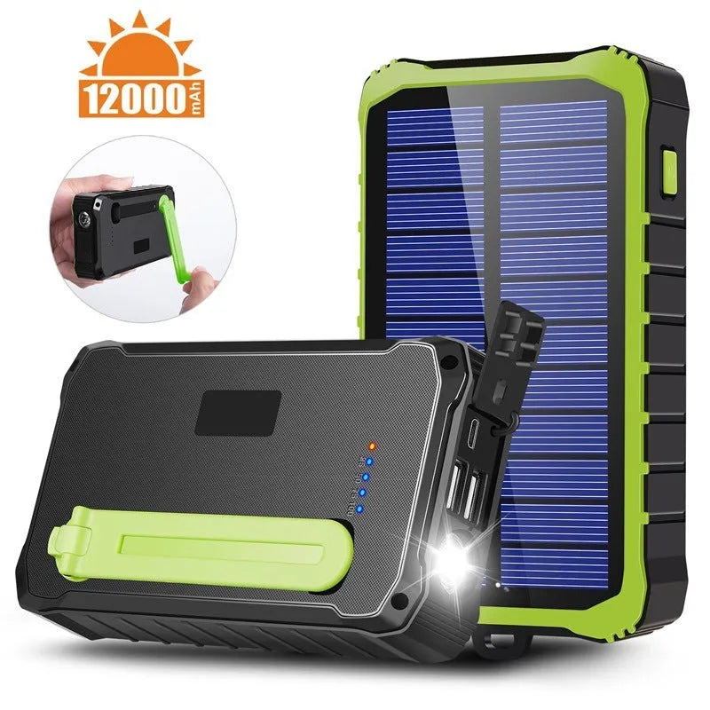 Green solar hand crank power bank with 12000mAh capacity showing USB ports and emergency LED light