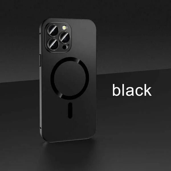 Aluminium alloy and PC magnetic iPhone case with lens protector for iPhone 12, 13, 14 models in black, blue, gold, purple, silver.