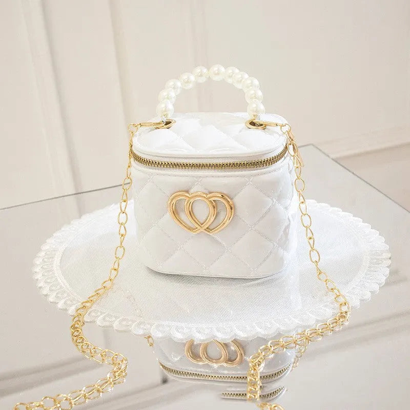 White heart-patterned PVC bucket gel bag for women showing bucket shape and heart design
