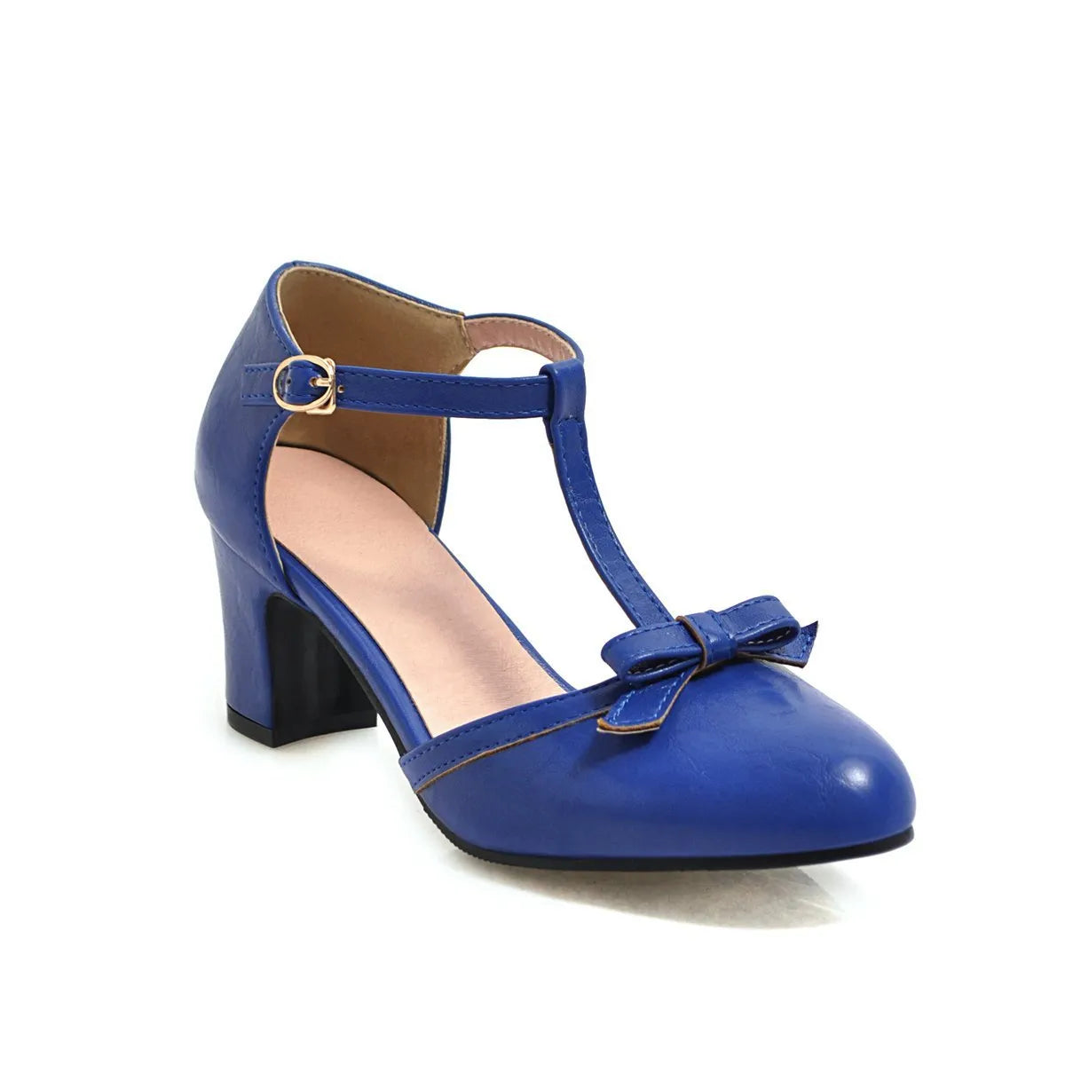 Women's chunky heel sandals with bow detail and buckle strap in solid colour.