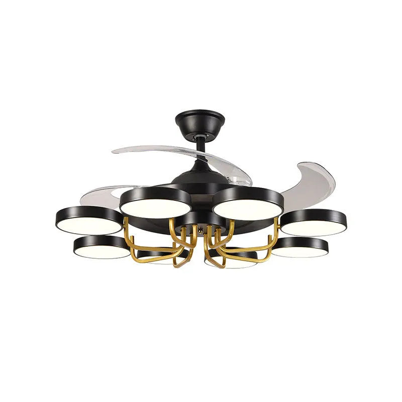 Modern 42 inch 8-head LED ceiling fan lamp with remote control in a living room setting