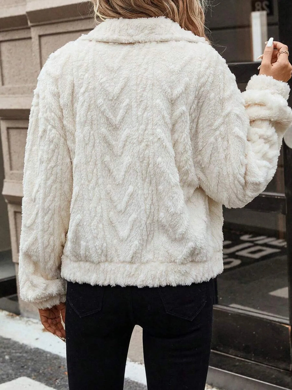 Women's ivory white double-sided plush cardigan top coat with button front