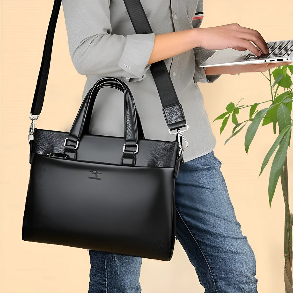 Men's black and brown PU leather shoulder messenger bag with splicing design showing 35x30cm dimensions