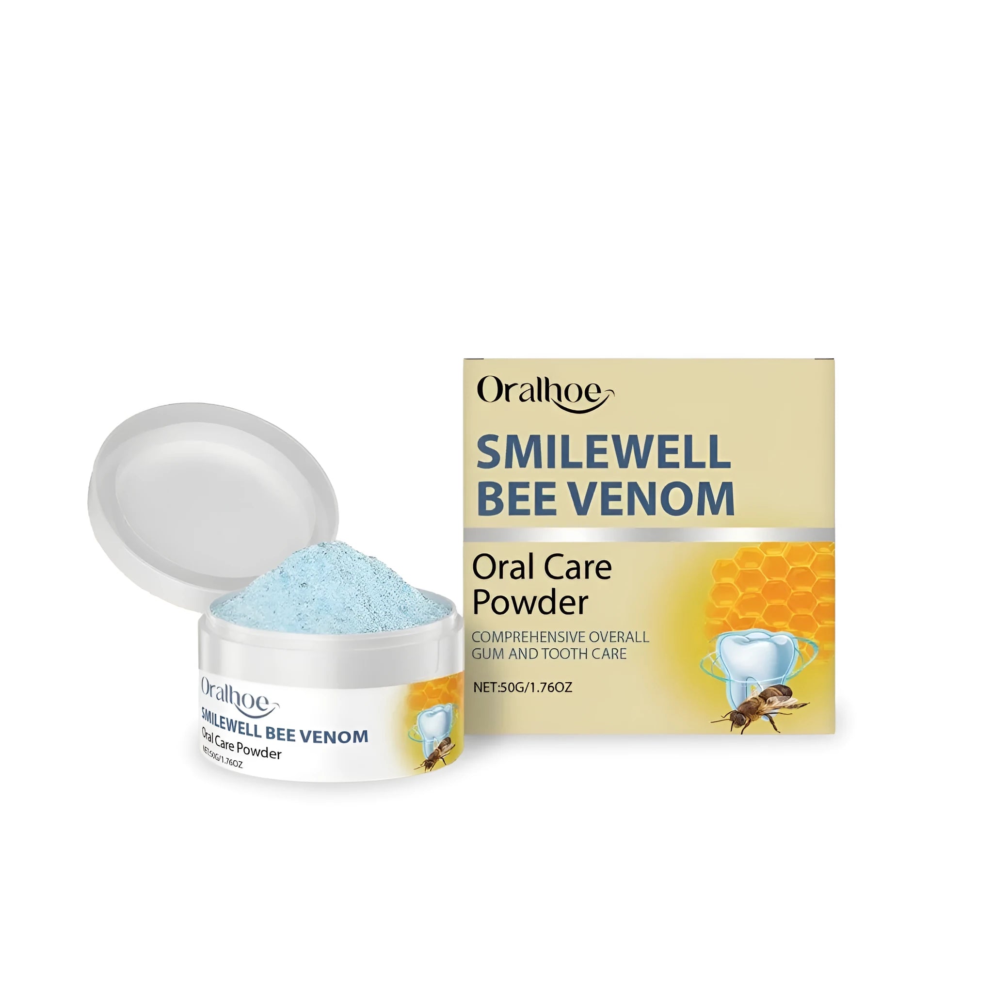 50g container of sodium bicarbonate and mint leaf extract tooth powder for mineral-based oral care.