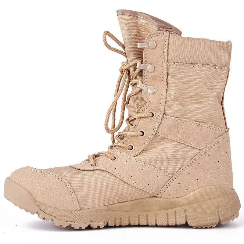 Black and sand coloured Yulong tactical desert combat boots for outdoor climbing and sports.