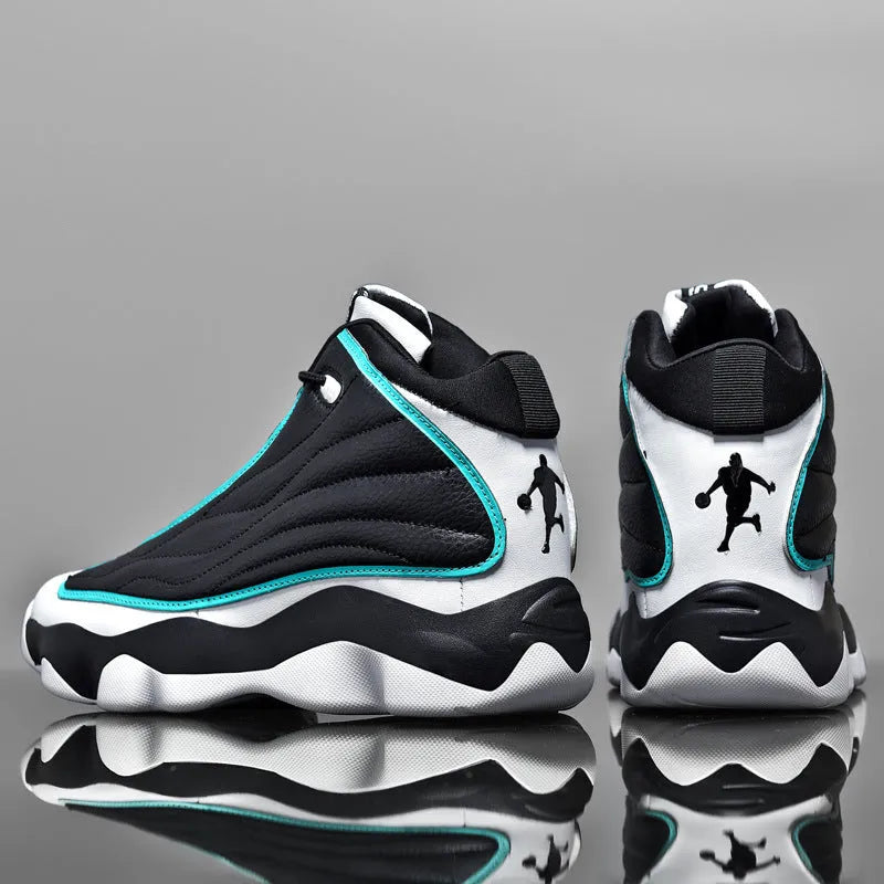 Men's high-top basketball shoes in AJ13 white and red colourway with rubber sole and mesh upper