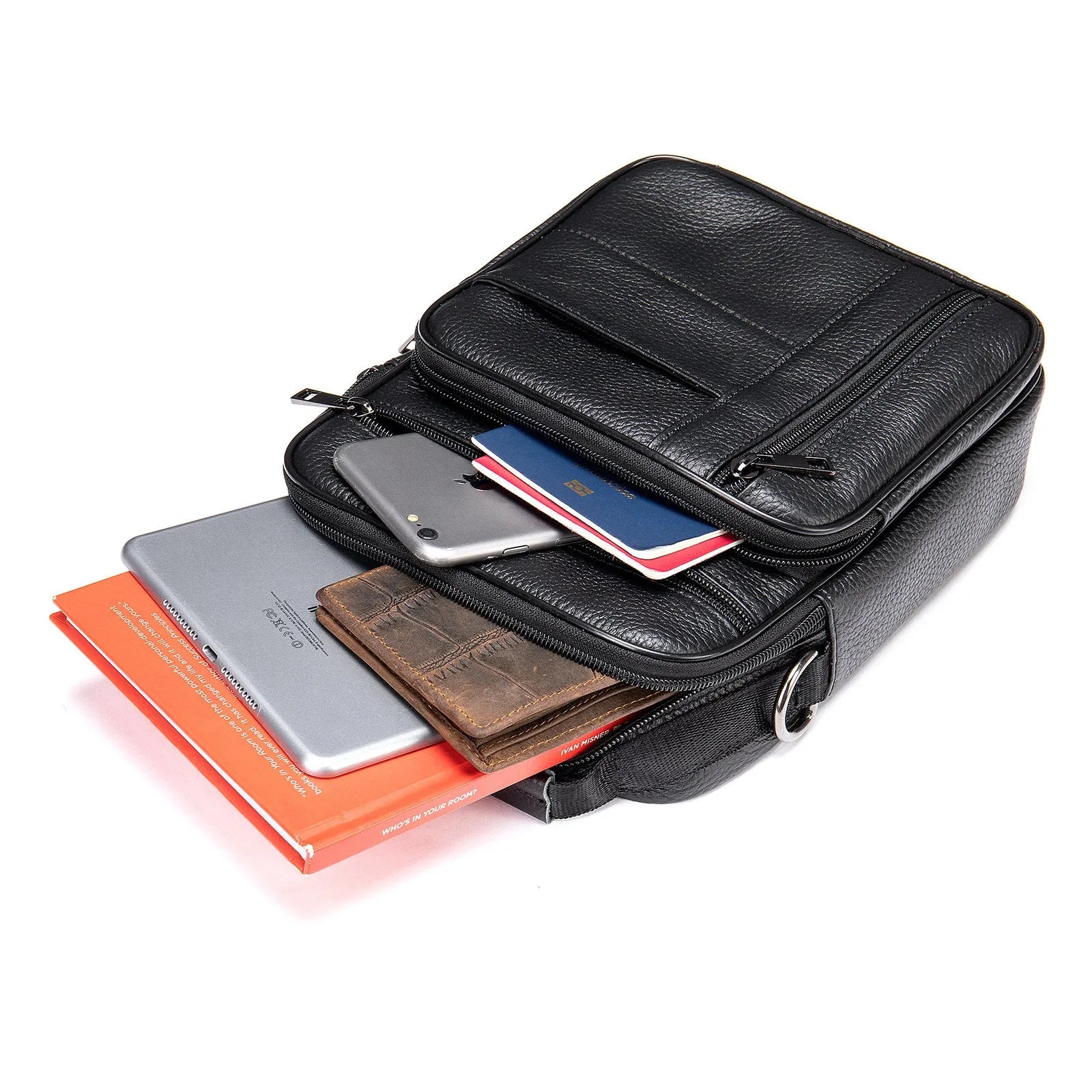 Men's black genuine leather retro shoulder bag shown from the front, showcasing its vertical square shape and zip closure.